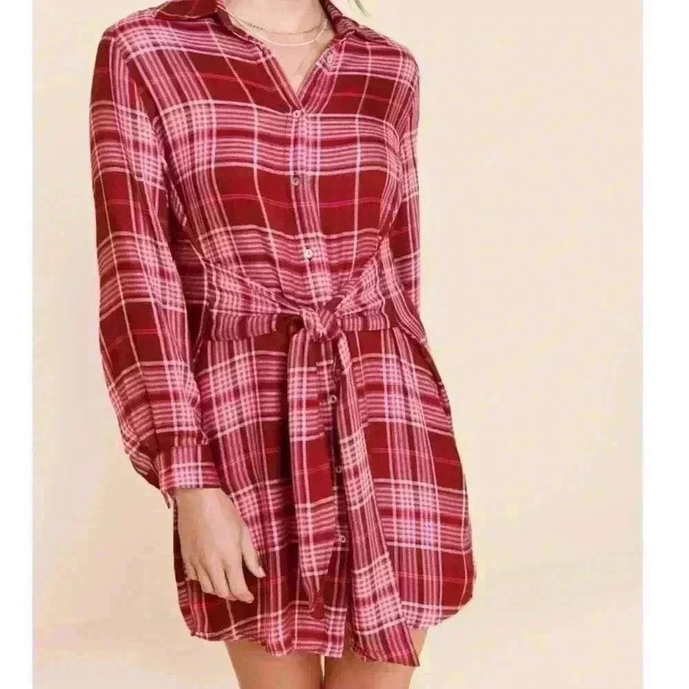 NWT Blue Rain Plaid Waist Tie Mini Dress